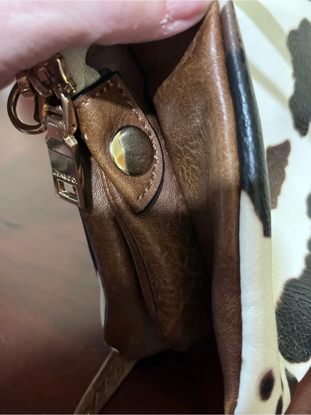 Cow Print Crossbody Wristlet Bag with Removable Brown Strap - Black & White